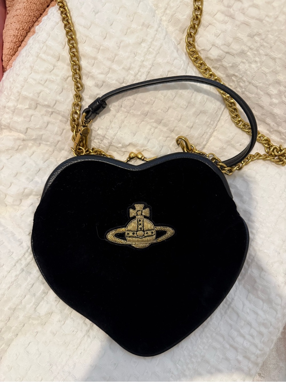 Vivienne Westwood Black Heart Velvet Bag with Gold Orb Emblem